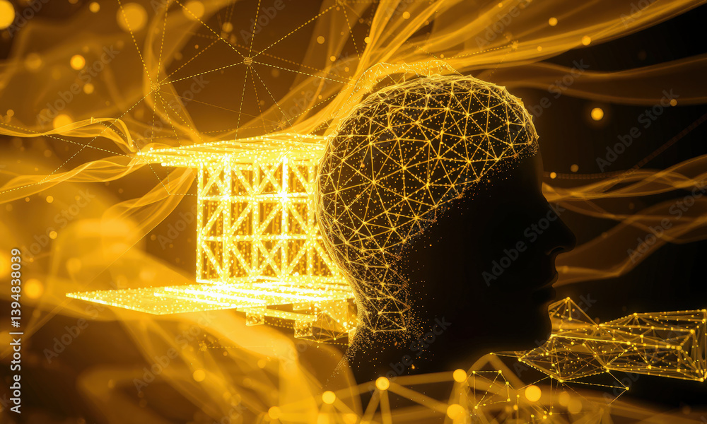 Poster digital representation of human head with network of glowing lines and dots, symbolizing artificial 