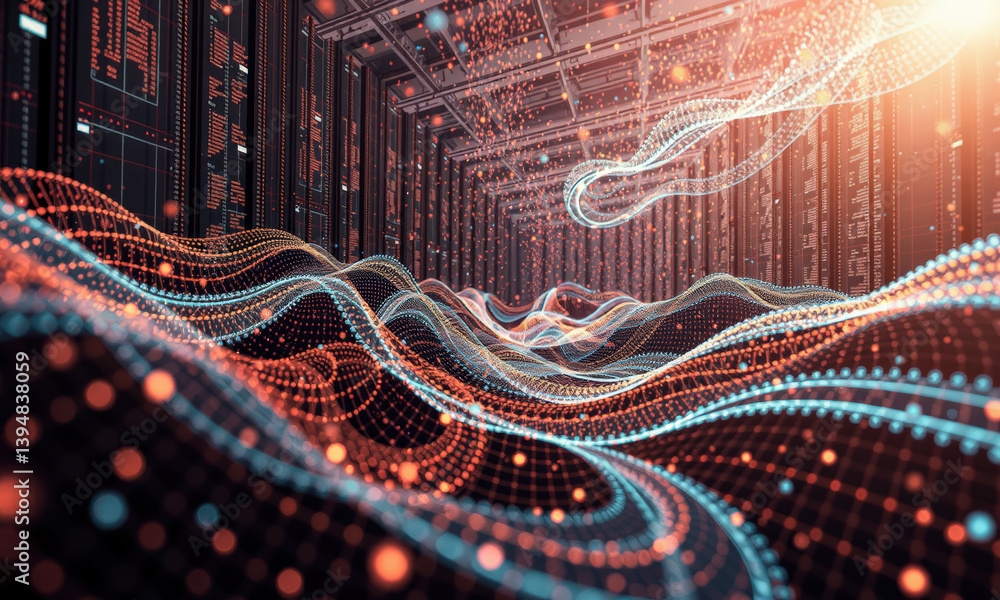 Poster vibrant digital landscape showcasing flowing waves of data in futuristic server environment, illustr