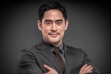 Obraz premium Confident man in a suit with crossed arms and a slight smile.