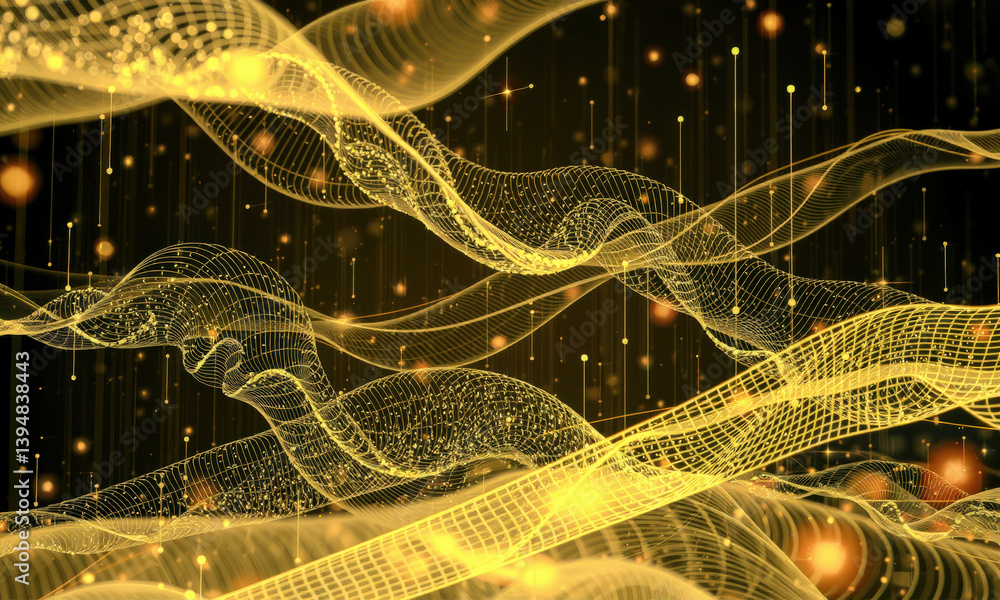 Poster mesmerizing abstract background featuring flowing golden waves and luminous particles, creating sens