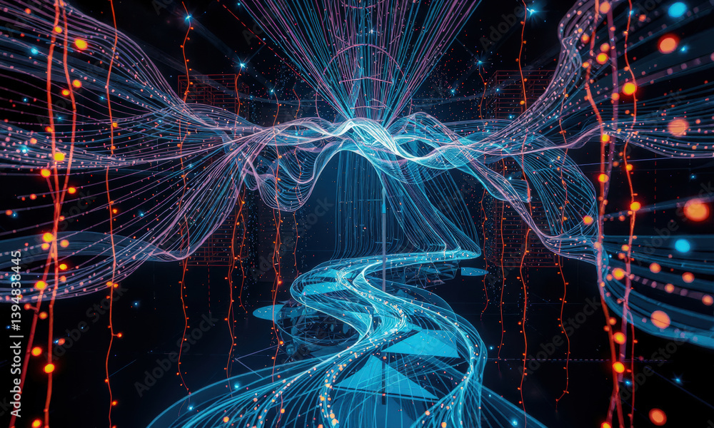 Poster mesmerizing digital landscape featuring flowing lines of blue and red light, creating sense of depth