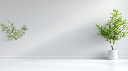 Obraz premium Two green plants in minimalist white room, one in white pot and one hanging on wall, and clean and modern interior design concept.