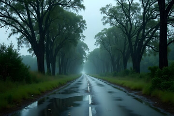 Fototapeta premium A Deserted Stormy Rural Road Stretches into the Misty Distance with Overhanging Trees Casting Shadows, Creating an Atmospheric and Slightly Eerie Ambiance