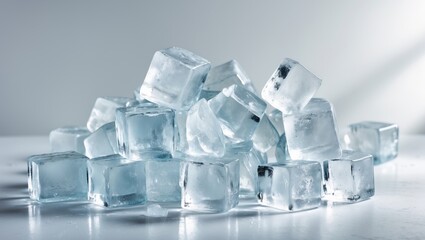 Obraz premium Luminous ice cubes of natural origin on a white canvas.
