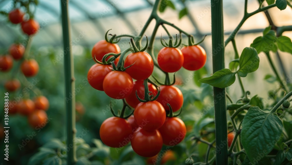 Poster savory ripe cherry tomatoes attached to a vine inside a greenhouse. shallow depth of field. develope