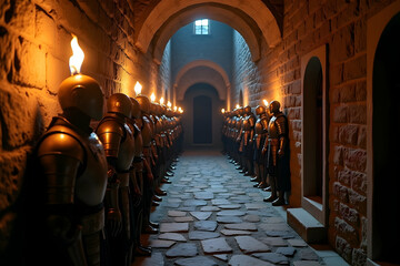A Dimly Lit Stone Corridor Lined with Armored Figures Bearing Torches Creating an Eerie and Historic Ambience within a Medieval-Inspired Setting Depicting Preparedness