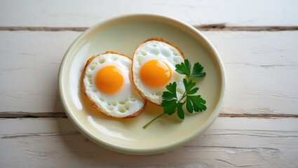 Top view of a plate with fried eggs on a wooden surface