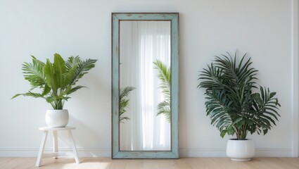 Stylish modern decor with an oversized mirror and tropical greenery