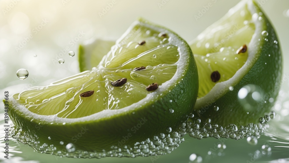 Poster lemon slices floating in water with bubbles