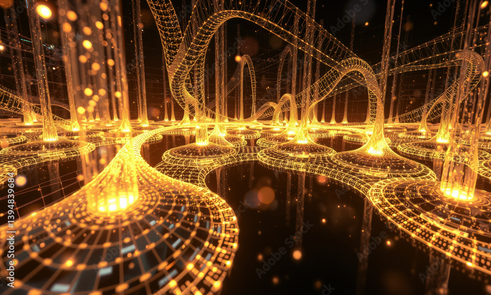 Poster mesmerizing digital landscape featuring intricate golden wireframe structures and glowing nodes, cre