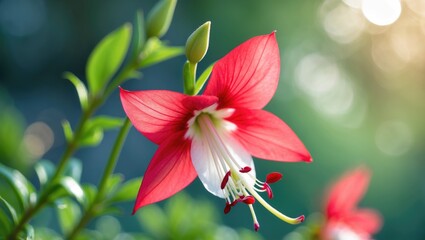 Fototapeta premium Close-up shot of a striking red and white fuchsia blossom with an out-of-focus background, showcasing its fine petals and stamens.