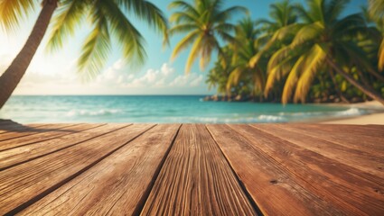 Surface of a wooden table featuring a hazy sea and tree scenery - Completely clear for your product montage display. Summer beach theme