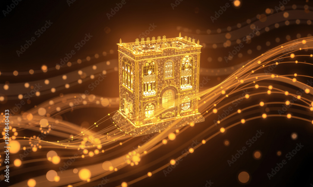 Poster glowing golden architectural structure surrounded by flowing light waves, creating mesmerizing visua