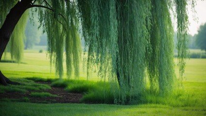 Fototapeta premium Tall Willow Tree on Recently Cut Grass