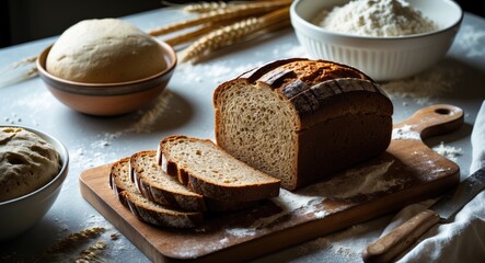 Fresh sourdough bread along with ingredients.