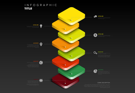 3D Layered Infographic Template with Colored green and red Squares with icons and descriptions on black back