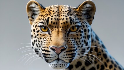 Obraz premium Portrait of a leopard against a white background, detailed close-up.