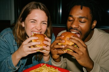 Friends enjoying delicious burgers.