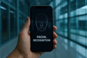 Data protection multi-factor concept. A hand holding a smartphone displays a facial recognition interface, highlighting advancements in biometric technology within a modern environment.