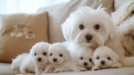A heartwarming portrait captures a mother Maltese and her adorable puppies. The scene overflows with charm.