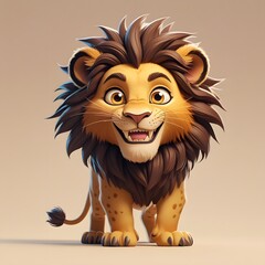 Obraz premium A cartoon lion with a brown mane and yellow fur standing and smiling on a neutral background studio shot