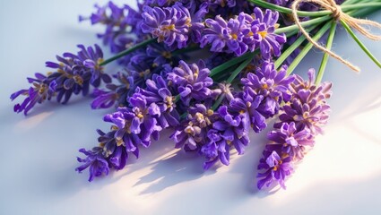 Fototapeta premium Tied bundle of lavender flowers against a white background.