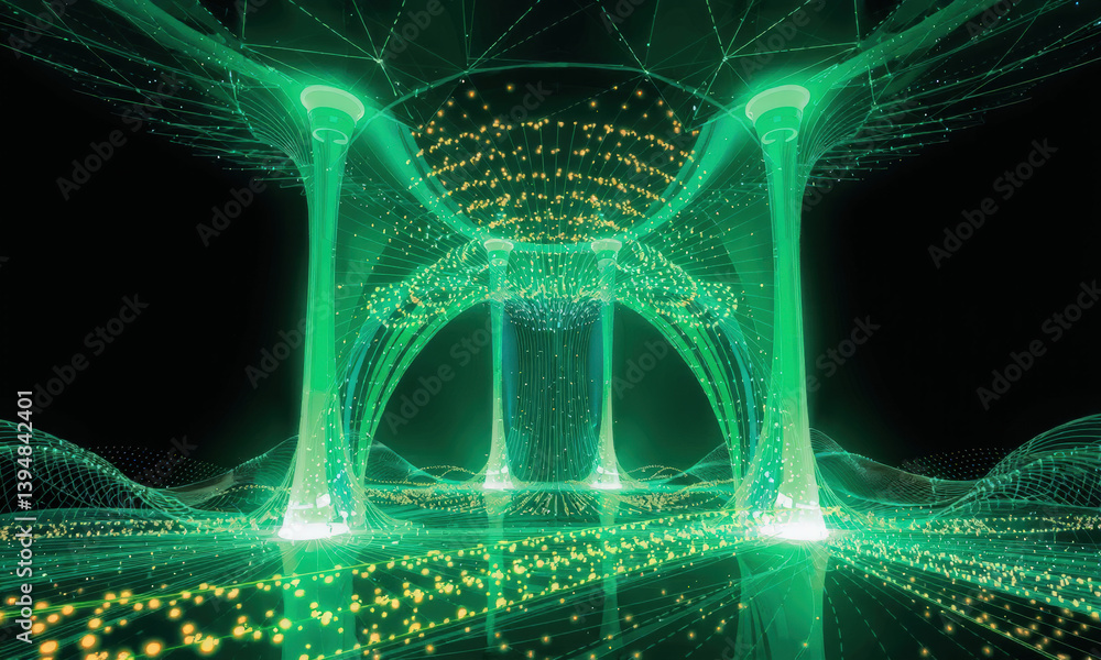 Poster futuristic digital landscape featuring glowing green structures and intricate patterns, creating sen