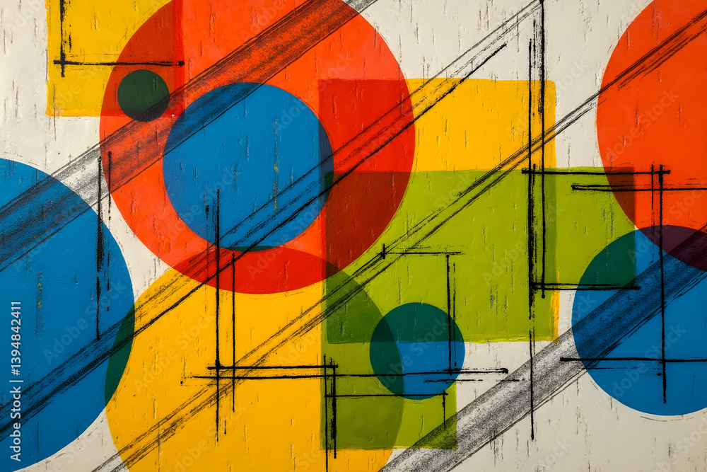 Poster a dynamic composition of abstract geometric shapes in vibrant colors, creating a visually stimulatin