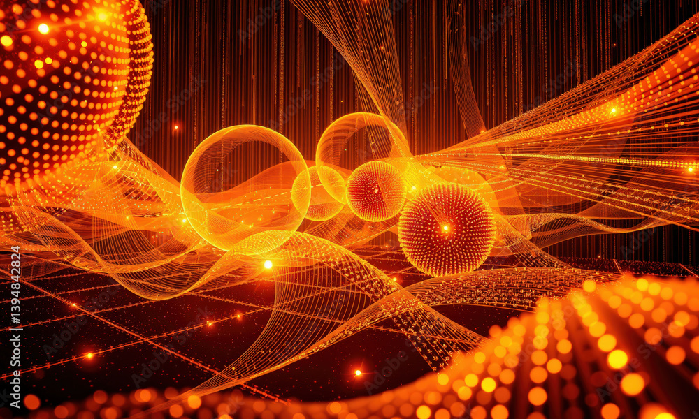 Poster vibrant abstract representation of energy and motion, featuring glowing orange spheres and flowing l