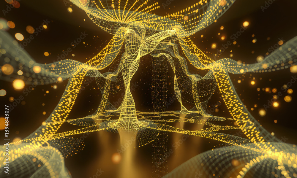 Poster mesmerizing digital landscape featuring intricate golden wireframe structures and glowing particles,