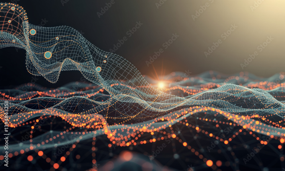 Poster digital representation of flowing wave pattern with interconnected nodes and lines, showcasing blend