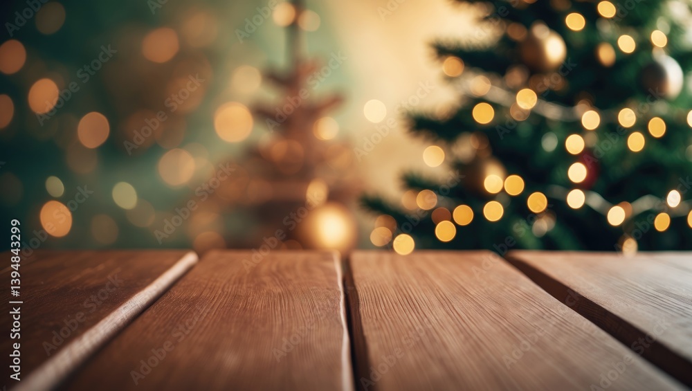 Poster empty brown wooden tabletop with a soft blurred background featuring bokeh lights, display mockup fo