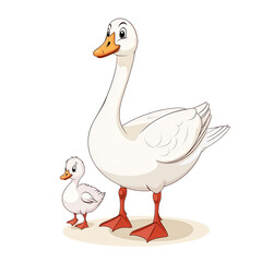 Obraz premium A cartoon illustration of a mother goose with her duckling, showcasing their cheerful expressions. Perfect for children's content, educational materials, or nature-themed designs.