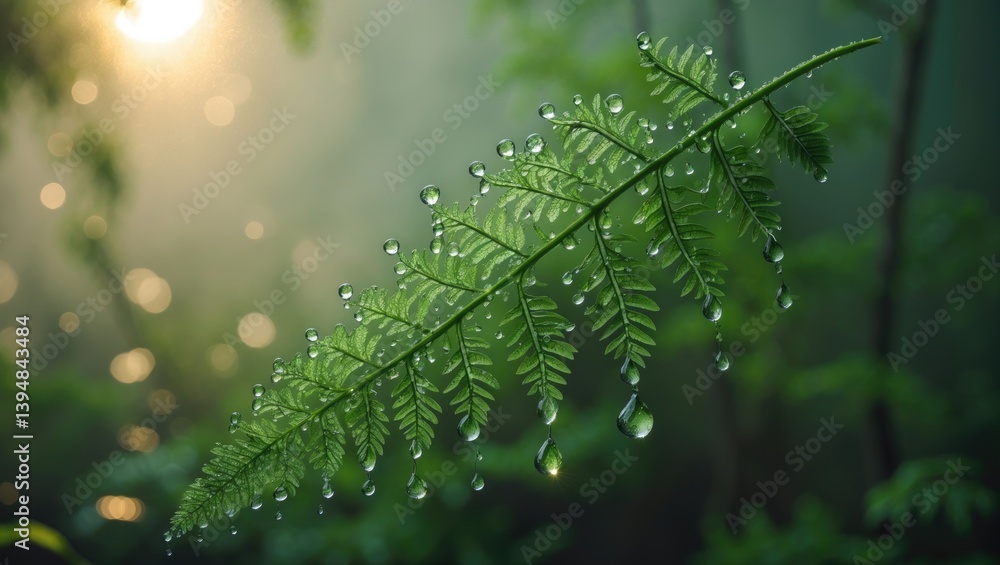 Poster delicate dew drops sparkle on the intricate fronds of a fern leaf, reflecting soft light and creatin