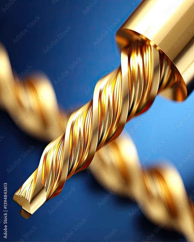 Poster high-resolution image of a golden twist drill bit with blurred background for industrial application