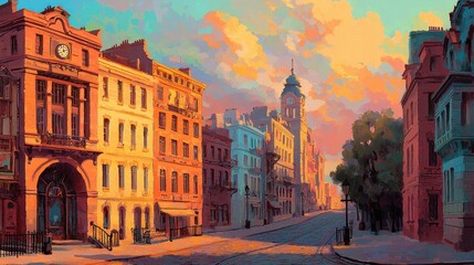 Fototapeta premium Vibrant Cityscape at Sunset with Historic Architecture and Colorful Sky