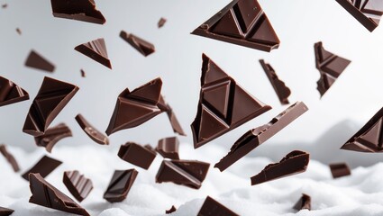 Close view of dark chocolate fragments dropping onto a background