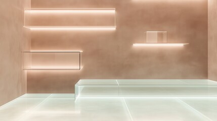 A pastel taupe-hued suede-textured wall with floating transparent display shelves softly underlit. The frosted glass flooring creates a weightless, modern ambiance.