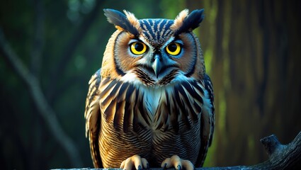 A close-up shot of an eagle owl perched on a post, facing forward. The dark background accentuates its piercing eyes directed at the viewer.
