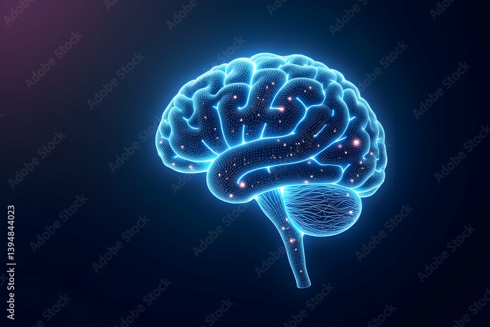 Poster a futuristic luminescent human brain composed of intricate neural networks, symbolizing advanced tec