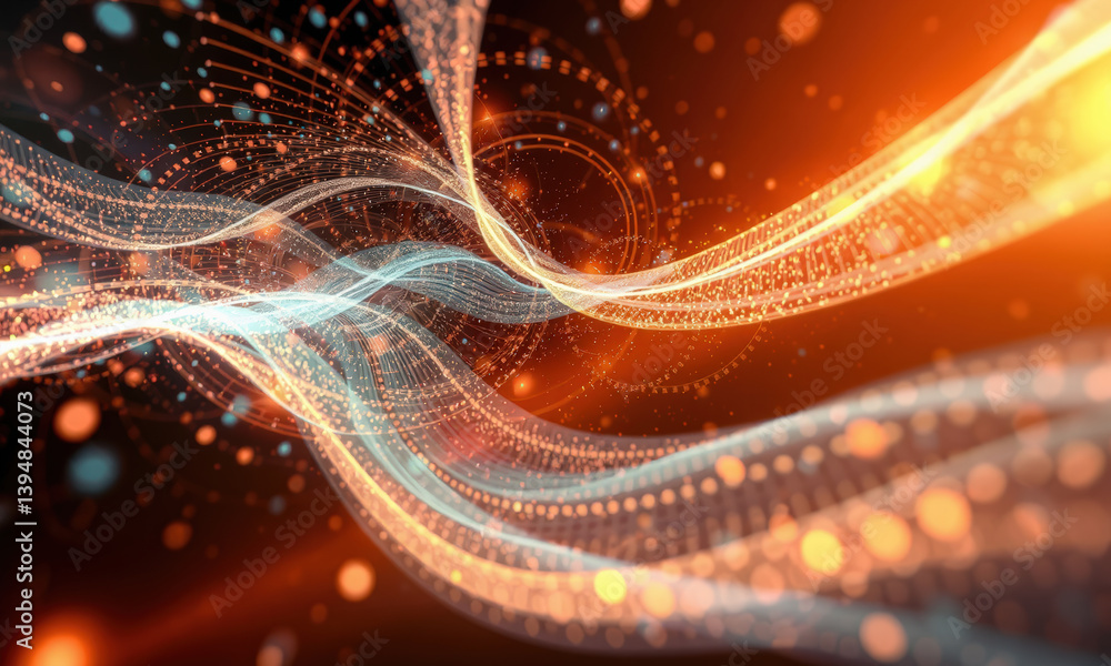Poster vibrant abstract background featuring flowing lines and glowing particles in orange and blue hues, c