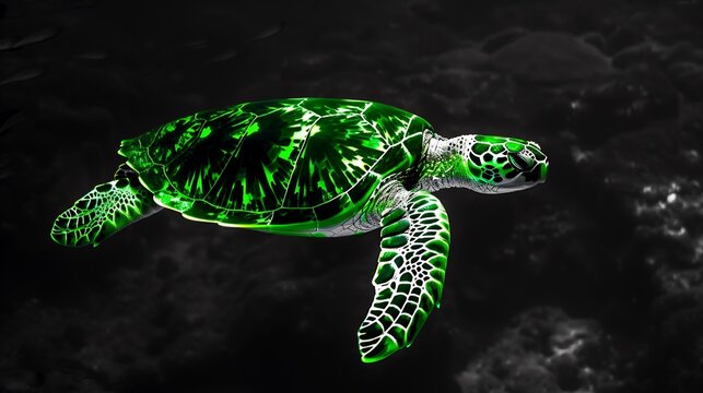 Deep emerald green sea turtle swimming in a black and white ocean its textured shell and powerful flippers glowing vibrantly