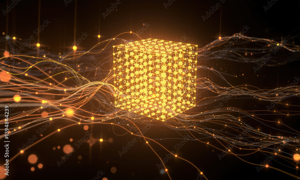 Poster glowing cube surrounded by flowing lines of light creates mesmerizing visual effect, symbolizing tec