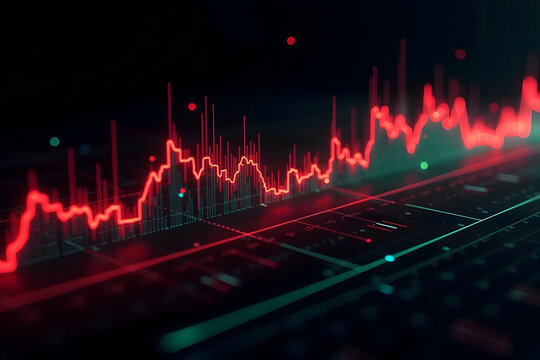 A futuristic stock market trading screen dominated by digital graphs and charts displays real time financial data and economic trends in vibrant red and green