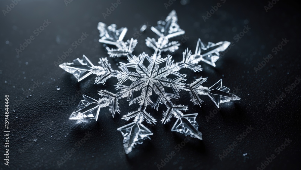 Poster black background highlighting an isolated snowflake. detailed macro image of an authentic snow cryst