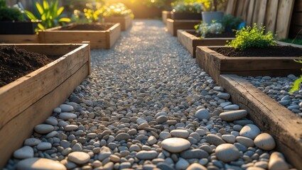 Pathways made of pebbles in a bright garden