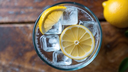 A close-up image of a glass filled with crystal-clear ice cubes and a lemon slice on a wooden tabletop. Great for summer, health, and lifestyle visuals.