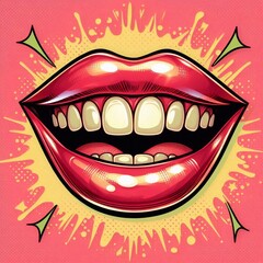 Naklejka premium A flirty and seductive illustration of glossy red lips being licked by a tongue. This cheeky design exudes playful energy and sensual confidence, a pop art aesthetic.