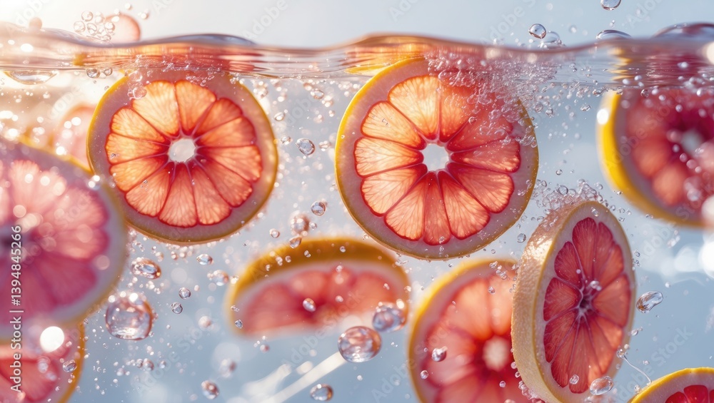 Poster grapefruit slices submerged in water on a white backdrop.