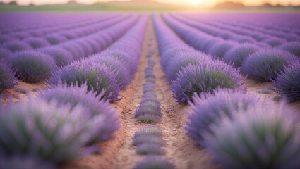 Obraz premium Fields of lavender at dusk. Lines of flowering lavender reach towards the horizon.